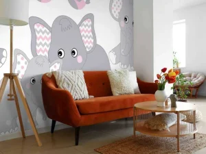 New Olifanten en vogeltjes met slingers fotobehang Babykamer