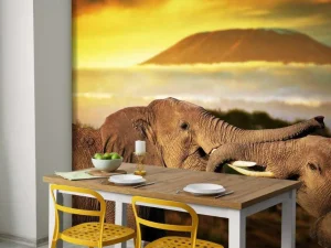 Clearance Olifanten spelen bij zonsondergang fotobehang Dieren