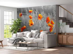 Online Oranje klaprozen met een zwart-witte achtergrond fotobehang Bloemen
