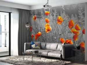 Online Oranje klaprozen met een zwart-witte achtergrond fotobehang Bloemen