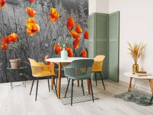 Online Oranje klaprozen met een zwart-witte achtergrond fotobehang Bloemen