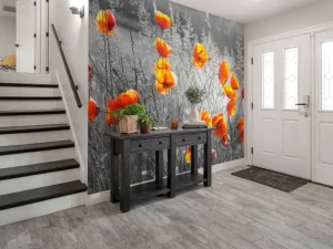 Online Oranje klaprozen met een zwart-witte achtergrond fotobehang Bloemen