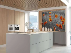 Online Oranje klaprozen met een zwart-witte achtergrond fotobehang Bloemen