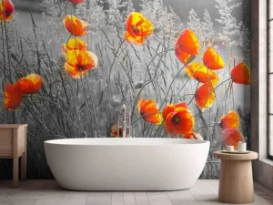 Online Oranje klaprozen met een zwart-witte achtergrond fotobehang Bloemen