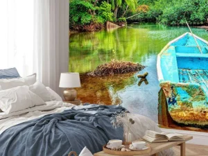 Fashion Oude boot in een tropische rivier fotobehang Transport