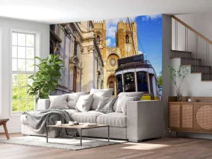 New Oude gele tram in Lissabon fotobehang Transport | Architectuur