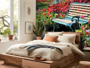 Online Park met kleurrijke tulpen fotobehang Architectuur