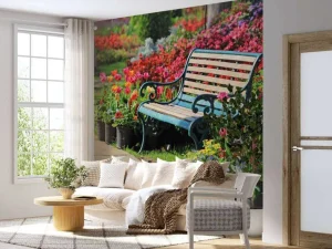 Online Park met kleurrijke tulpen fotobehang Architectuur
