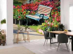 Online Park met kleurrijke tulpen fotobehang Architectuur