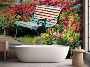 Online Park met kleurrijke tulpen fotobehang Architectuur