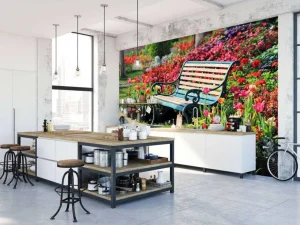 Online Park met kleurrijke tulpen fotobehang Architectuur