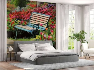 Online Park met kleurrijke tulpen fotobehang Architectuur
