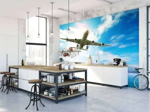 Best Passagiersvliegtuig boven een tropische zee fotobehang Tienerkamer | Transport