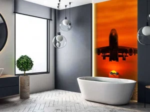 Best Passagiersvliegtuig boven de zee bij zonsondergang fotobehang Transport