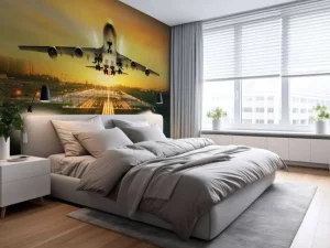 Discount Passagiersvliegtuig stijgt op bij zonsondergang fotobehang Tienerkamer | Transport