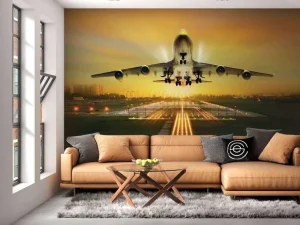 Discount Passagiersvliegtuig stijgt op bij zonsondergang fotobehang Tienerkamer | Transport