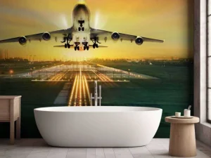 Discount Passagiersvliegtuig stijgt op bij zonsondergang fotobehang Tienerkamer | Transport