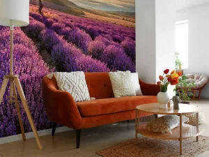 Fashion Prachtig landschap met lavendel veld bij zonsopkomst fotobehang Bloemen