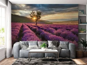 Fashion Prachtig landschap met lavendel veld bij zonsopkomst fotobehang Bloemen