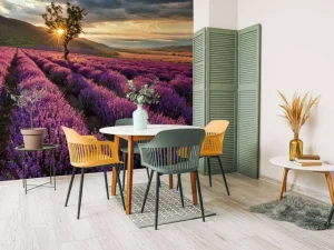 Fashion Prachtig landschap met lavendel veld bij zonsopkomst fotobehang Bloemen