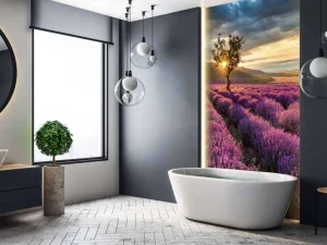 Fashion Prachtig landschap met lavendel veld bij zonsopkomst fotobehang Bloemen