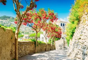 Online Ravello Village op een zonnige dag fotobehang Bloemen | Architectuur