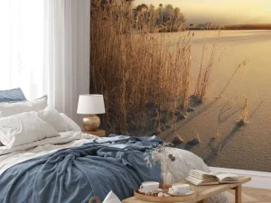 New Riet op het strand bij zonsondergang fotobehang Bloemen