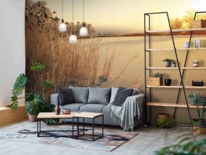 New Riet op het strand bij zonsondergang fotobehang Bloemen