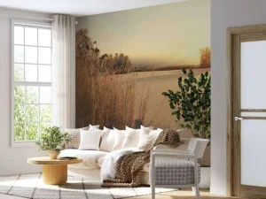 New Riet op het strand bij zonsondergang fotobehang Bloemen