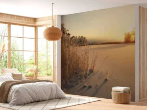 New Riet op het strand bij zonsondergang fotobehang Bloemen