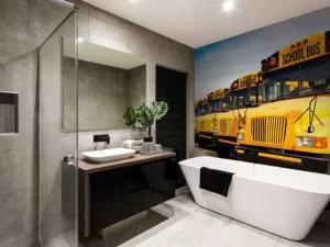 Sale Rij met gele schoolbussen fotobehang Kinderkamer | Transport