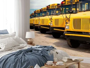 Sale Rij met gele schoolbussen fotobehang Kinderkamer | Transport