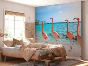 Best Rij van flamingo's op het strand fotobehang Tienerkamer | Dieren