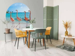 Best Rij van flamingo's op het strand fotobehang Tienerkamer | Dieren