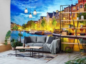 Best Rivier de Amstel in de avond fotobehang Steden | Architectuur