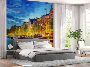 Best Rivier de Amstel in de avond fotobehang Steden | Architectuur