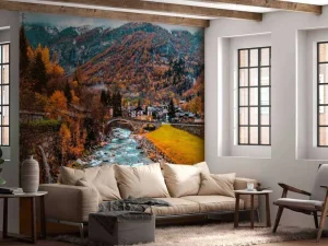 Hot Rivier langs een dorpje fotobehang Bloemen