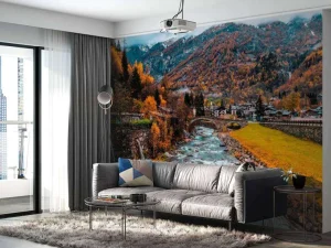 Hot Rivier langs een dorpje fotobehang Bloemen