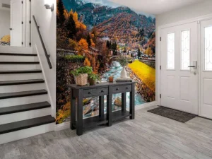 Hot Rivier langs een dorpje fotobehang Bloemen