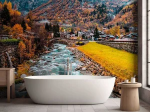 Hot Rivier langs een dorpje fotobehang Bloemen