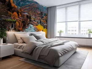 Hot Rivier langs een dorpje fotobehang Bloemen