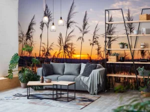 Hot Rivier met riet bij zonsondergang fotobehang Bloemen