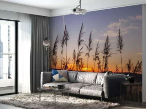 Hot Rivier met riet bij zonsondergang fotobehang Bloemen