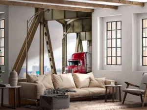 Best Rode Amerikaanse vrachtwagen op een brug fotobehang Tienerkamer | Kinderkamer