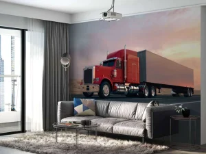 Outlet Rode Amerikaanse vrachtwagen bij zonsondergang fotobehang Tienerkamer | Kinderkamer