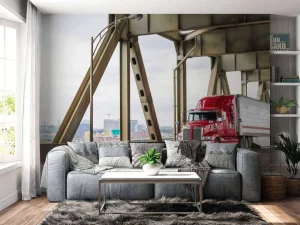 Best Rode Amerikaanse vrachtwagen op een brug fotobehang Tienerkamer | Kinderkamer