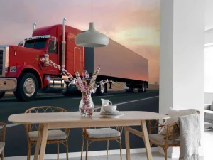 Outlet Rode Amerikaanse vrachtwagen bij zonsondergang fotobehang Tienerkamer | Kinderkamer