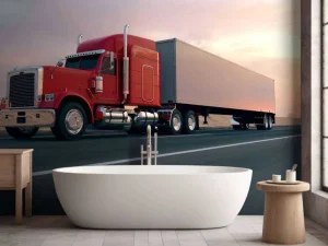 Outlet Rode Amerikaanse vrachtwagen bij zonsondergang fotobehang Tienerkamer | Kinderkamer