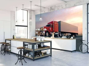 Outlet Rode Amerikaanse vrachtwagen bij zonsondergang fotobehang Tienerkamer | Kinderkamer
