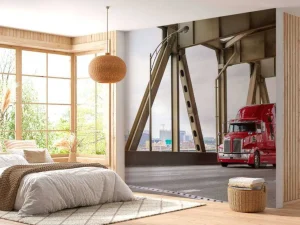 Best Rode Amerikaanse vrachtwagen op een brug fotobehang Tienerkamer | Kinderkamer